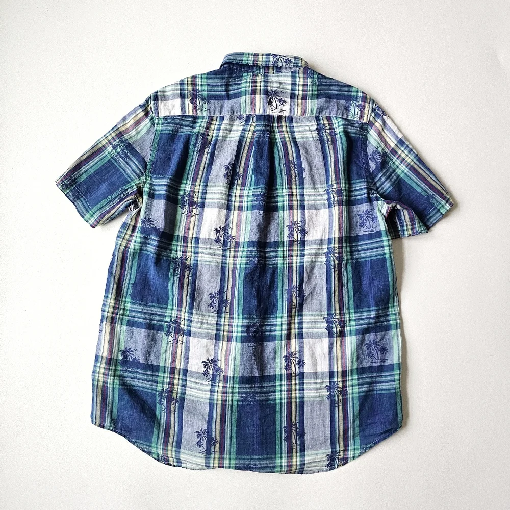 VTG Ralph Lauren Plaid Palms Short Sleeve Button Down Shirt Blue Green Youth XL